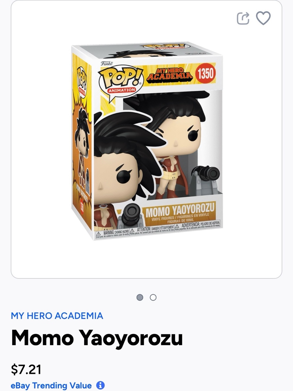 Funko Pop! Animation Momo Yaoyorozu Vinyl Figure - Black & Cream- 1350